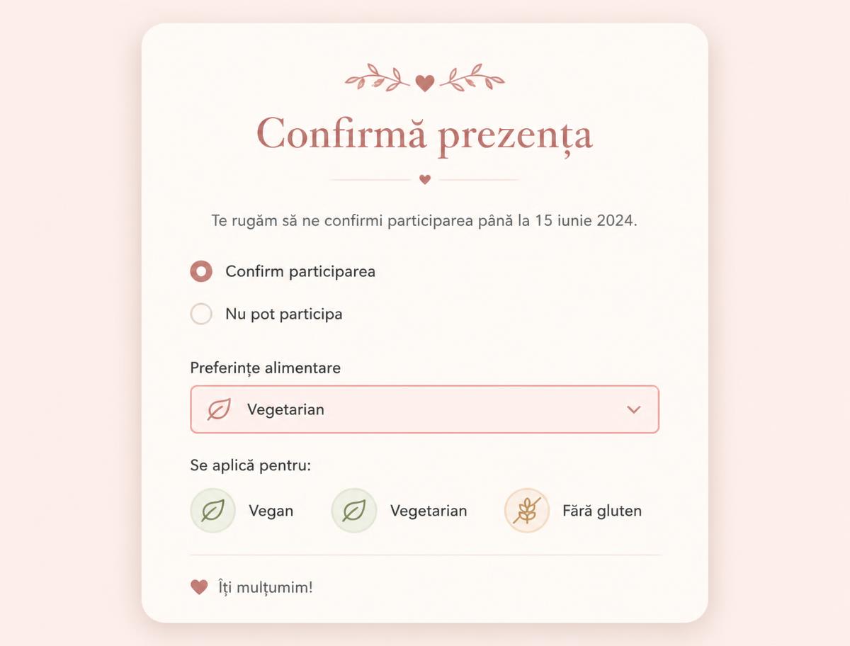 Formular RSVP cu selecția preferințelor alimentare