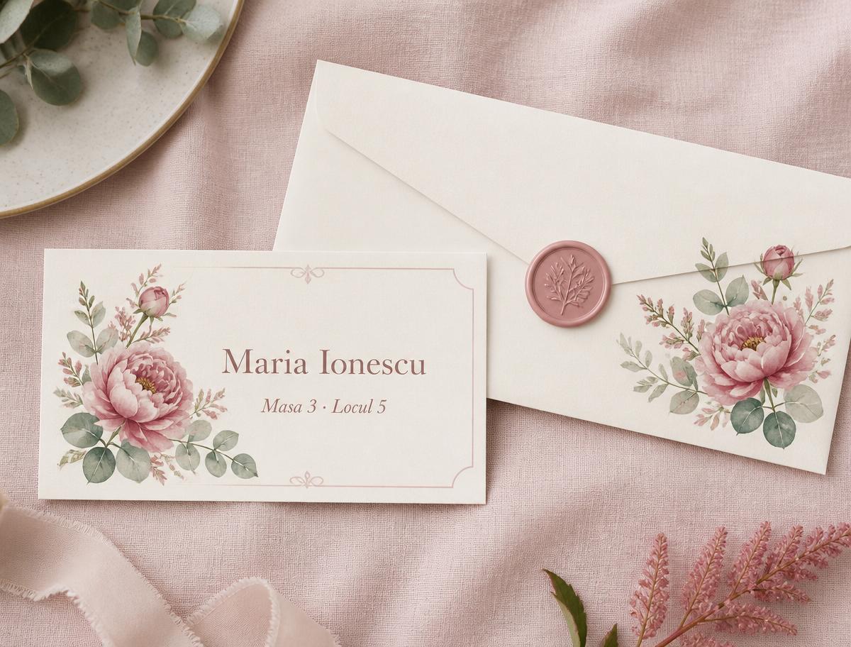 Card de masă și plic elegante cu ilustrație florală