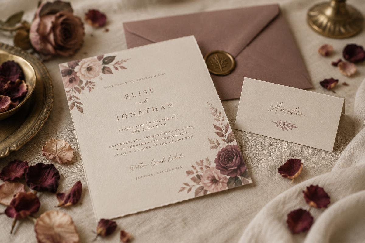 Papetărie elegantă cu invitație, plic și card de masă